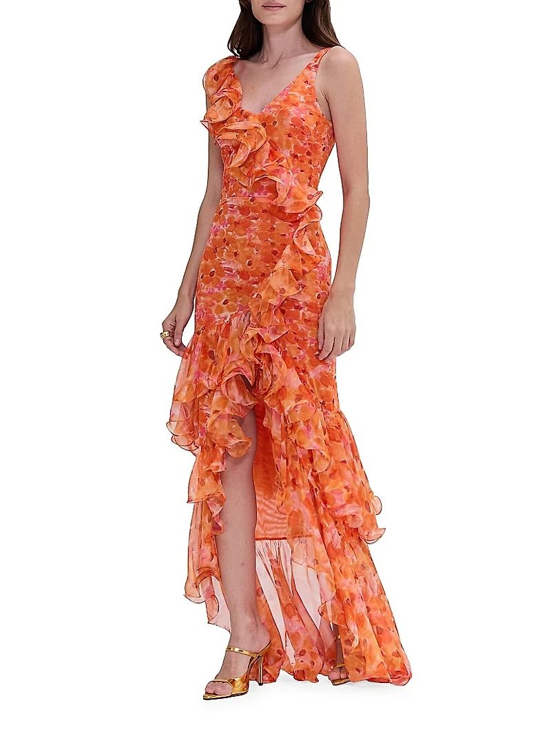 Myosotis Floral Chiffon & Tulle Ruffle Gown