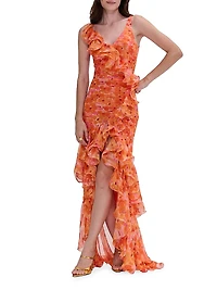 Myosotis Floral Chiffon & Tulle Ruffle Gown