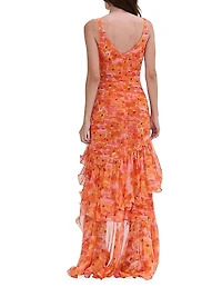 Myosotis Floral Chiffon & Tulle Ruffle Gown