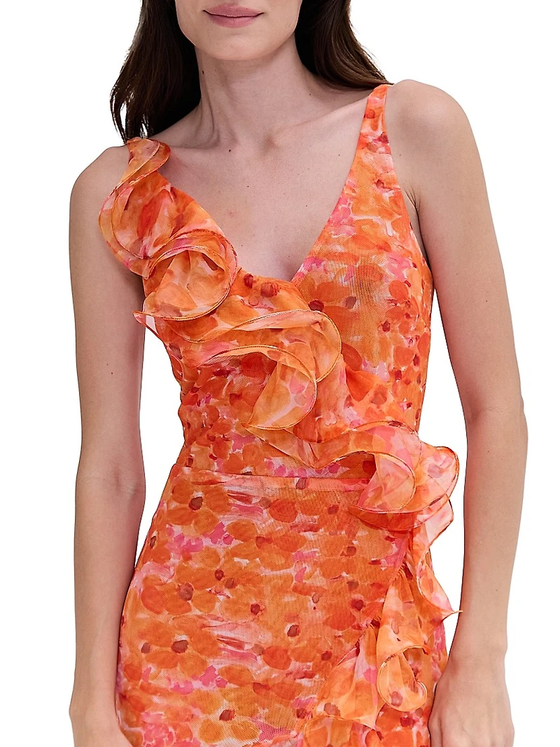 Myosotis Floral Chiffon & Tulle Ruffle Gown