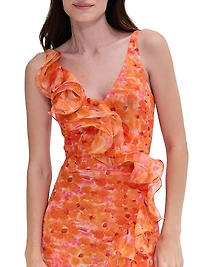 Myosotis Floral Chiffon & Tulle Ruffle Gown