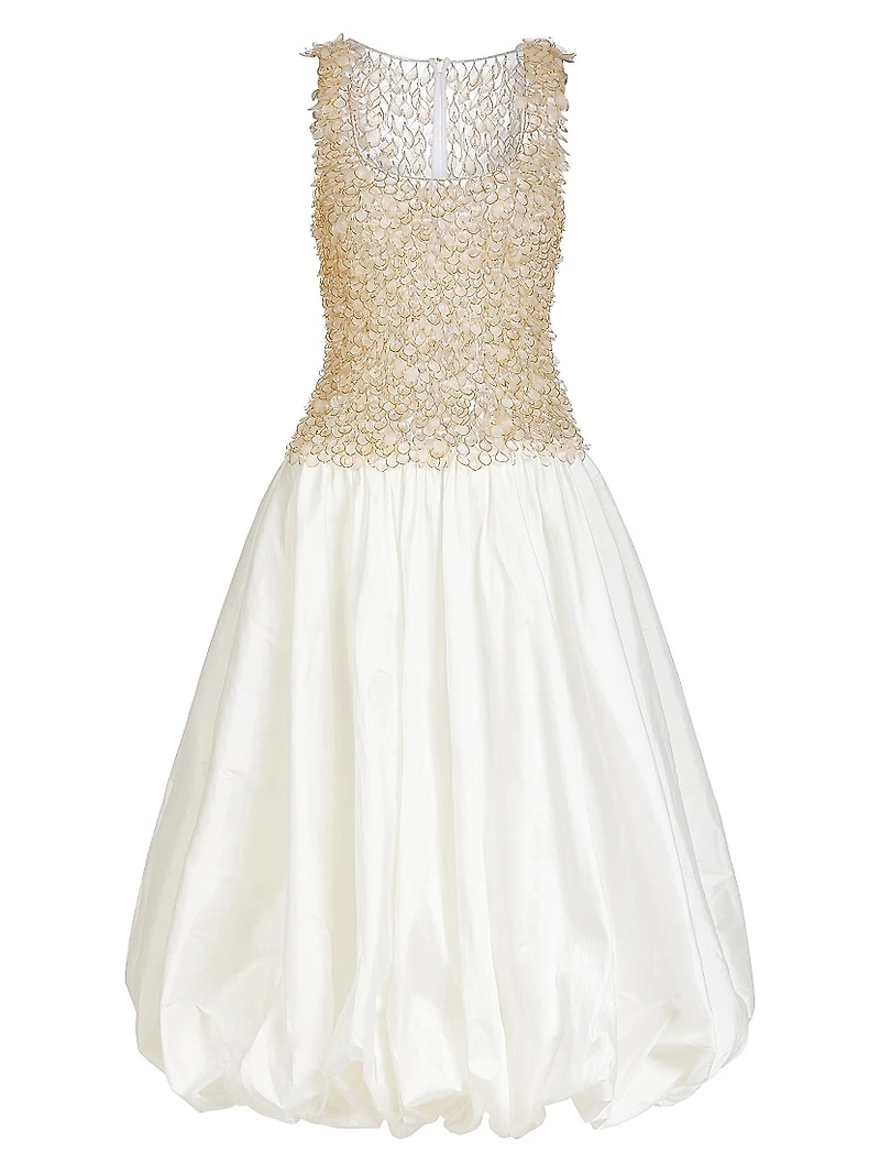 Scoopneck Mixed-Media Bubble-Skirt Midi-Dress