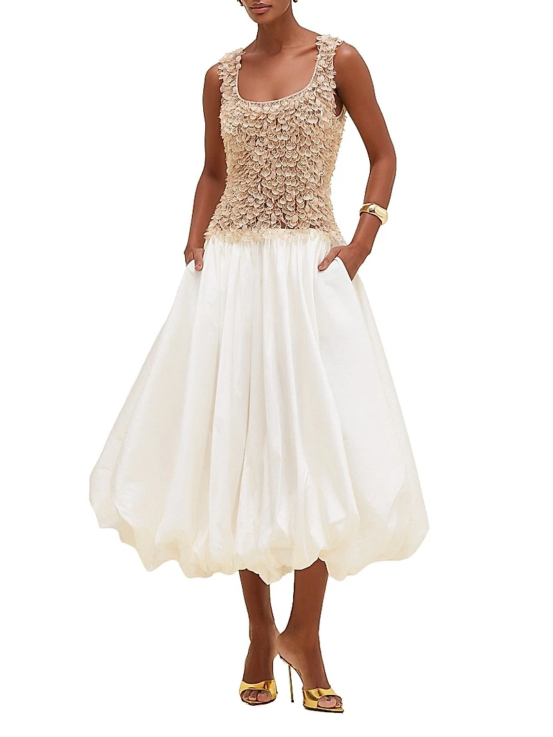 Scoopneck Mixed-Media Bubble-Skirt Midi-Dress