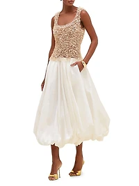 Scoopneck Mixed-Media Bubble-Skirt Midi-Dress