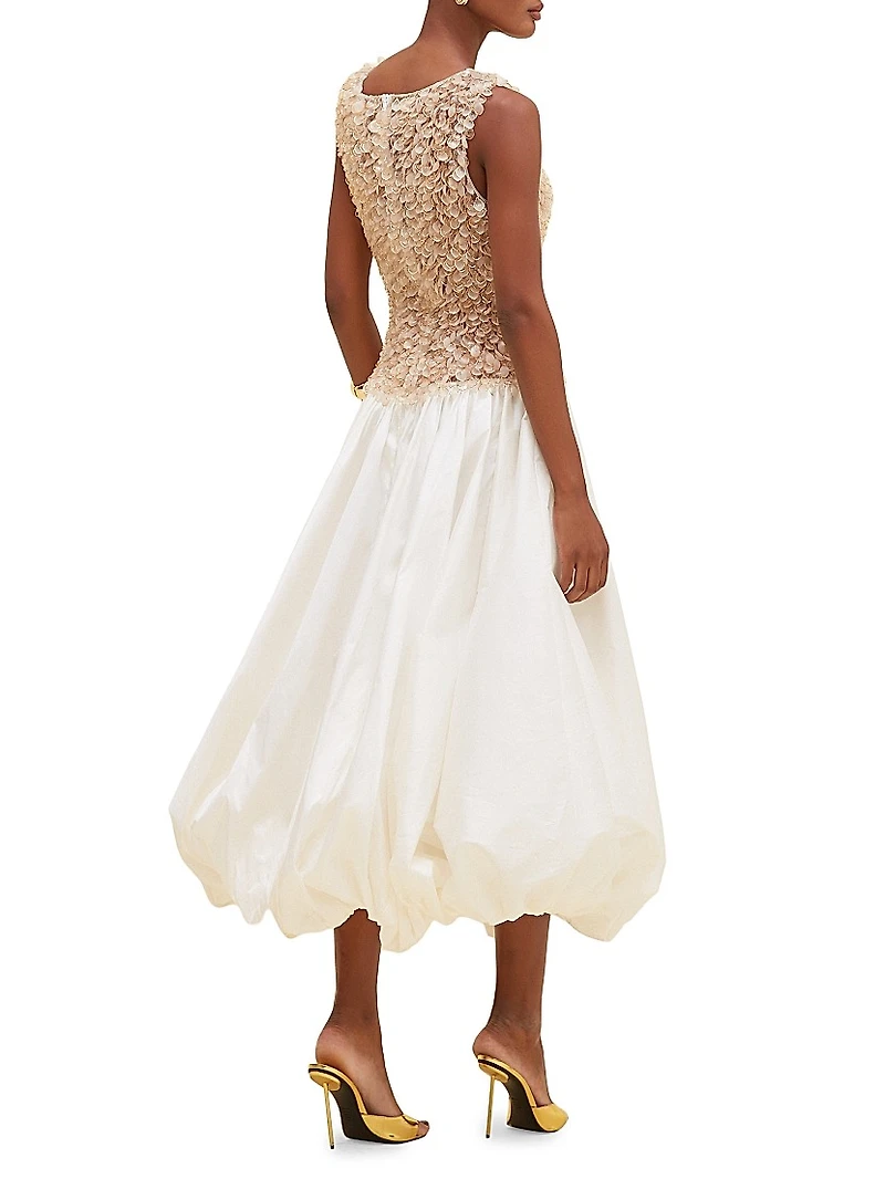 Scoopneck Mixed-Media Bubble-Skirt Midi-Dress