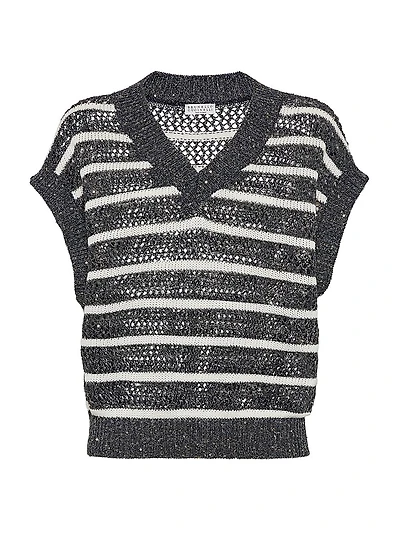 Dazzling Striped Net Knit T-Shirt Linen