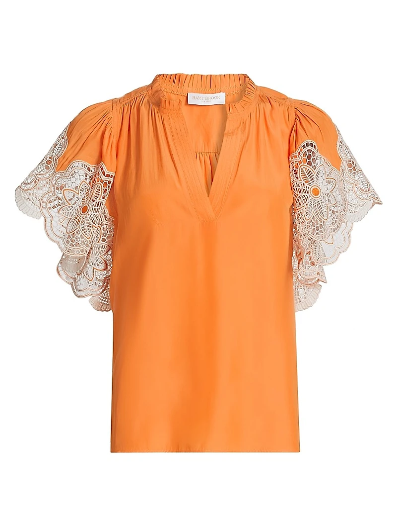 Esti Lace-Trim Split Neck Flutter-Sleeve Top