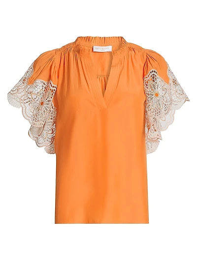 Esti Lace-Trim Split Neck Flutter-Sleeve Top