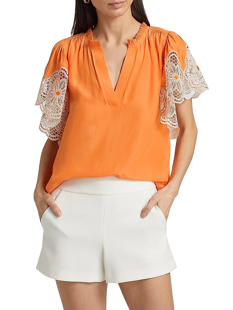 Esti Lace-Trim Split Neck Flutter-Sleeve Top