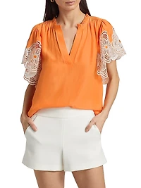 Esti Lace-Trim Split Neck Flutter-Sleeve Top