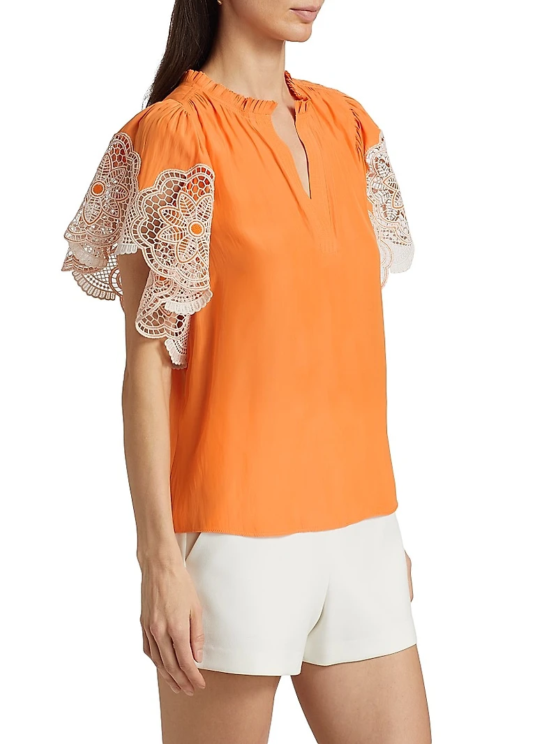Esti Lace-Trim Split Neck Flutter-Sleeve Top