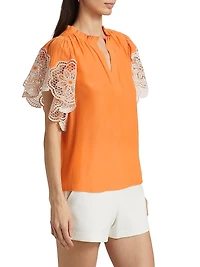 Esti Lace-Trim Split Neck Flutter-Sleeve Top