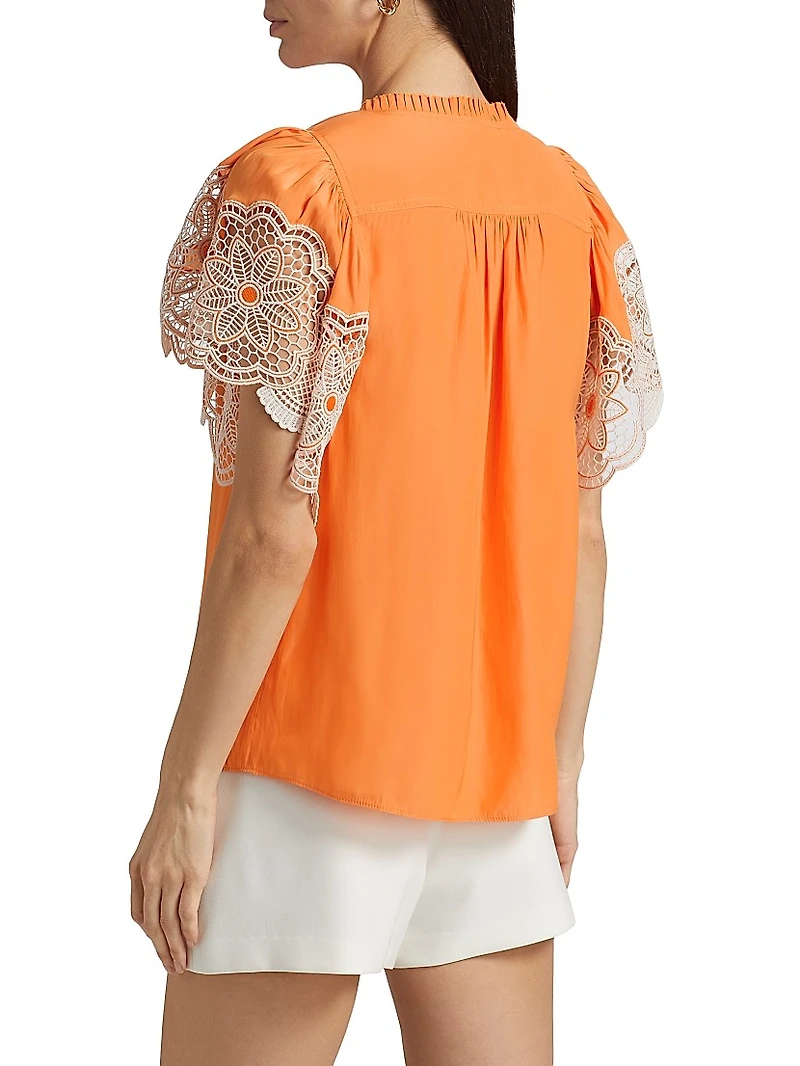 Esti Lace-Trim Split Neck Flutter-Sleeve Top