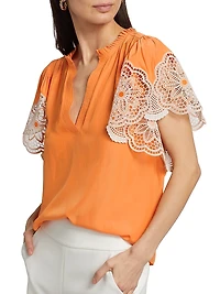 Esti Lace-Trim Split Neck Flutter-Sleeve Top
