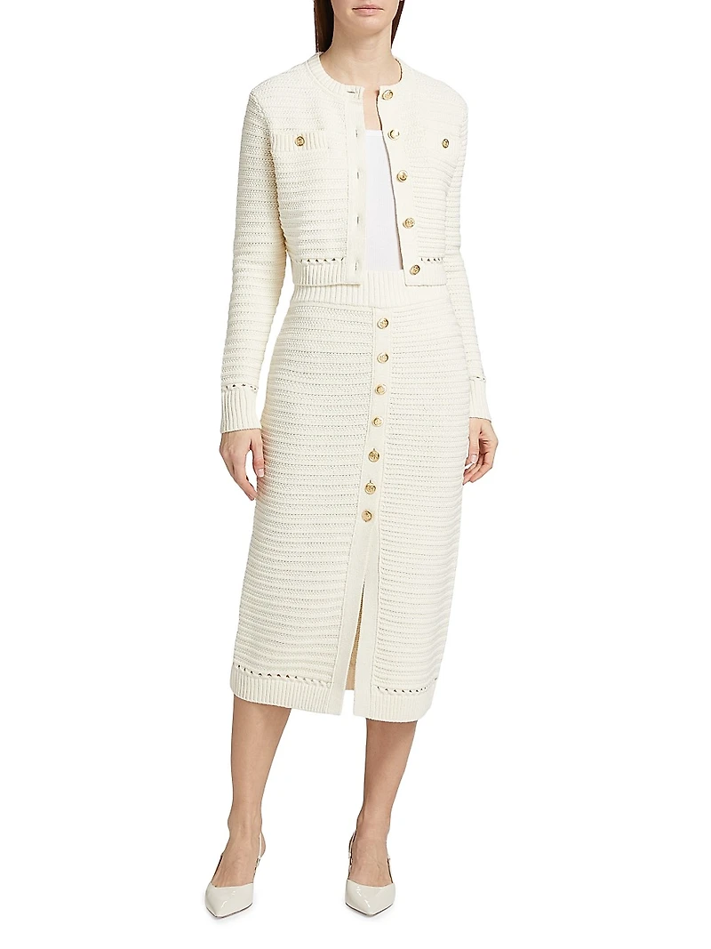 Tani Cotton Knit Button-Front Midi-Skirt