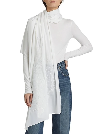 Embroidered Silk Chiffon Shawl Neck Top
