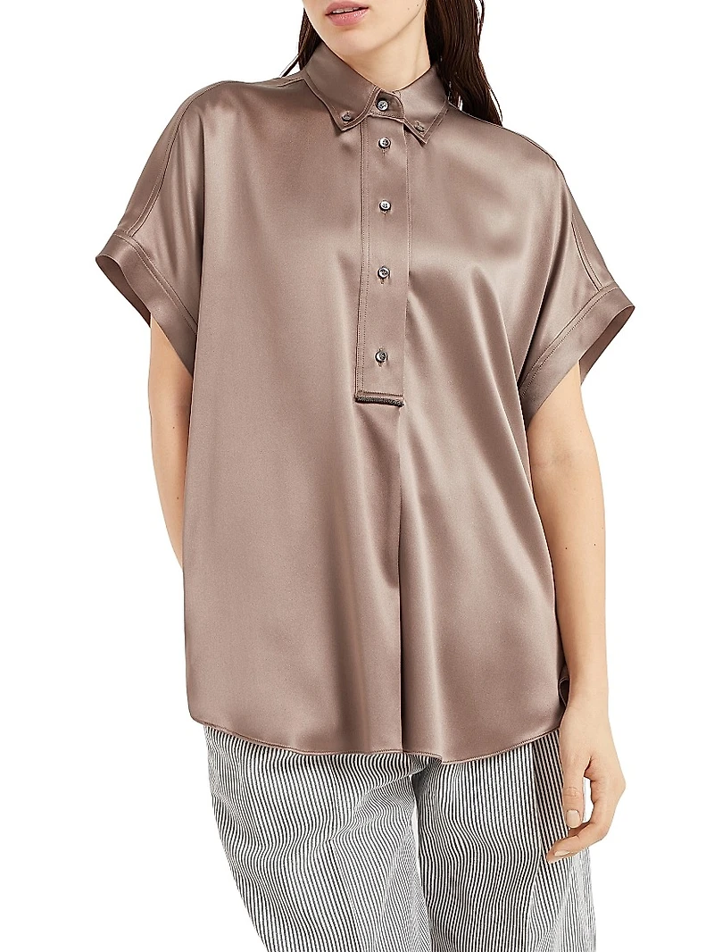 Stretch Silk Satin Short Sleeve Shirt