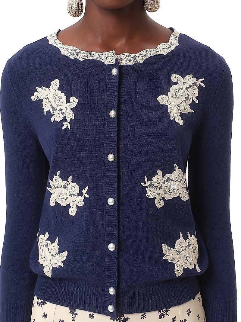 Embroidered Wool and Lace Cardigan