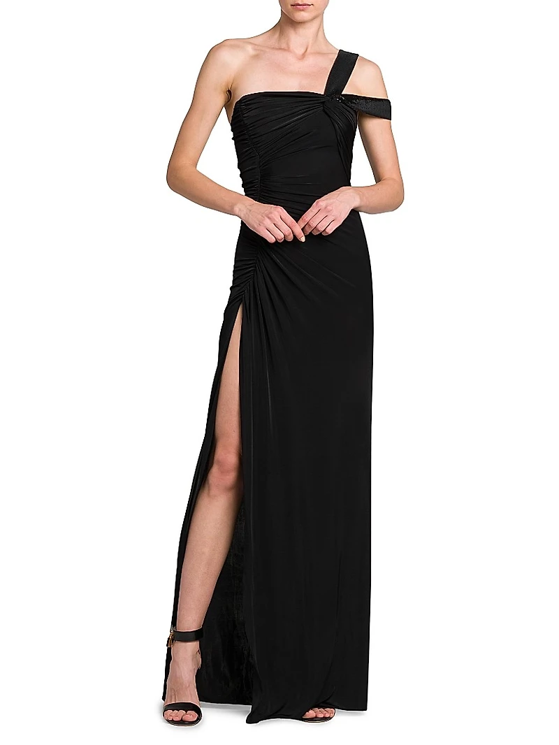 Knotted One-Shoulder Column Gown