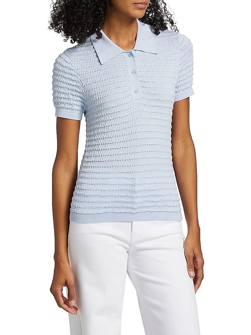 Smocked Silk-Cotton Knit Polo Sweater