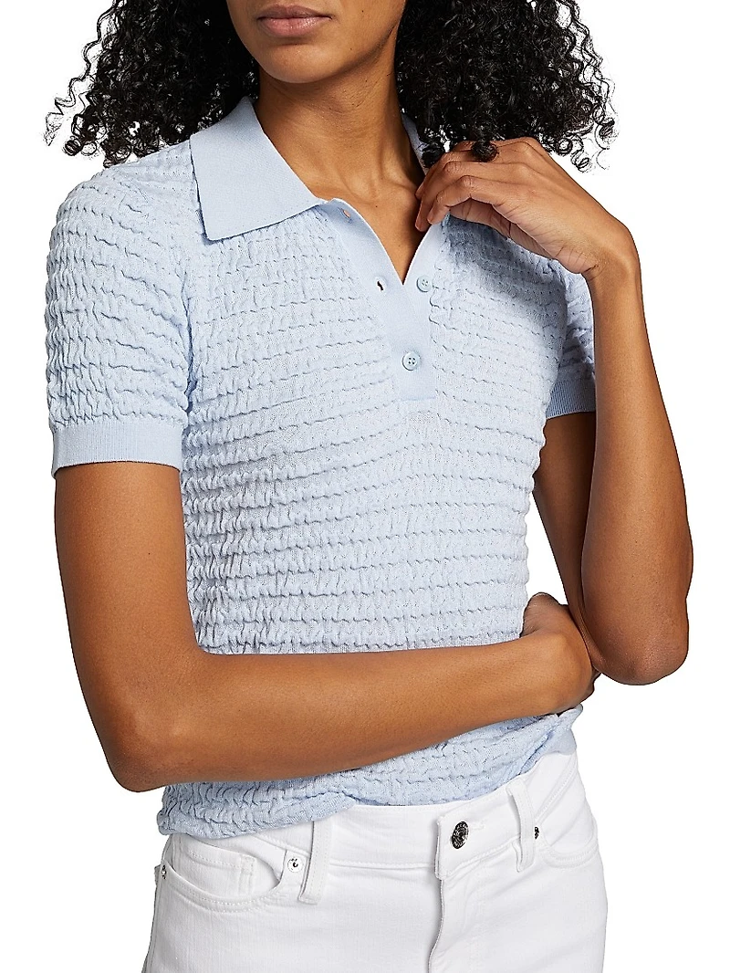 Smocked Silk-Cotton Knit Polo Sweater