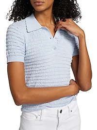 Smocked Silk-Cotton Knit Polo Sweater