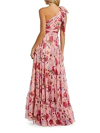 Floral Chiffon Cut-Out One-Shoulder Gown