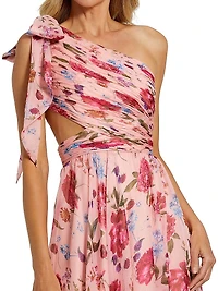 Floral Chiffon Cut-Out One-Shoulder Gown
