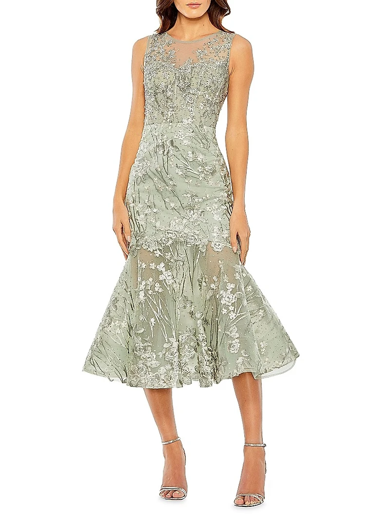 Embellished Floral-Embroidered Mermaid Cocktail Dress