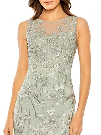 Embellished Floral-Embroidered Mermaid Cocktail Dress