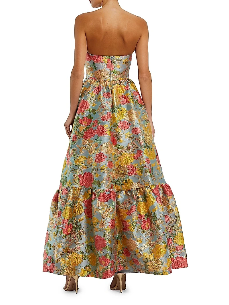 Floral Brocade Ruffle-Hem Strapless Gown