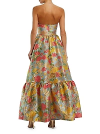 Floral Brocade Ruffle-Hem Strapless Gown