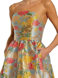 Floral Brocade Ruffle-Hem Strapless Gown