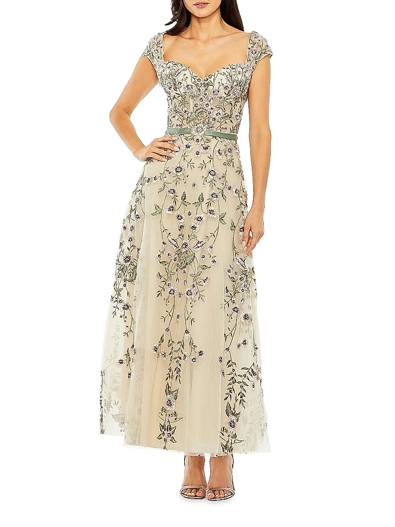 Floral-Embroidered Sweetheart Gown