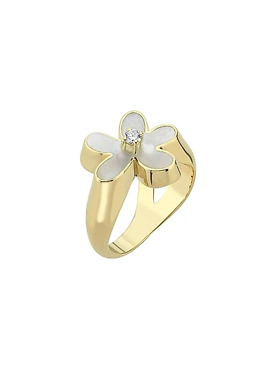 Garden Of Rebel 14K Yellow Gold, Mother-Of-Pearl & 0.05 TCW Diamond Flower Ring