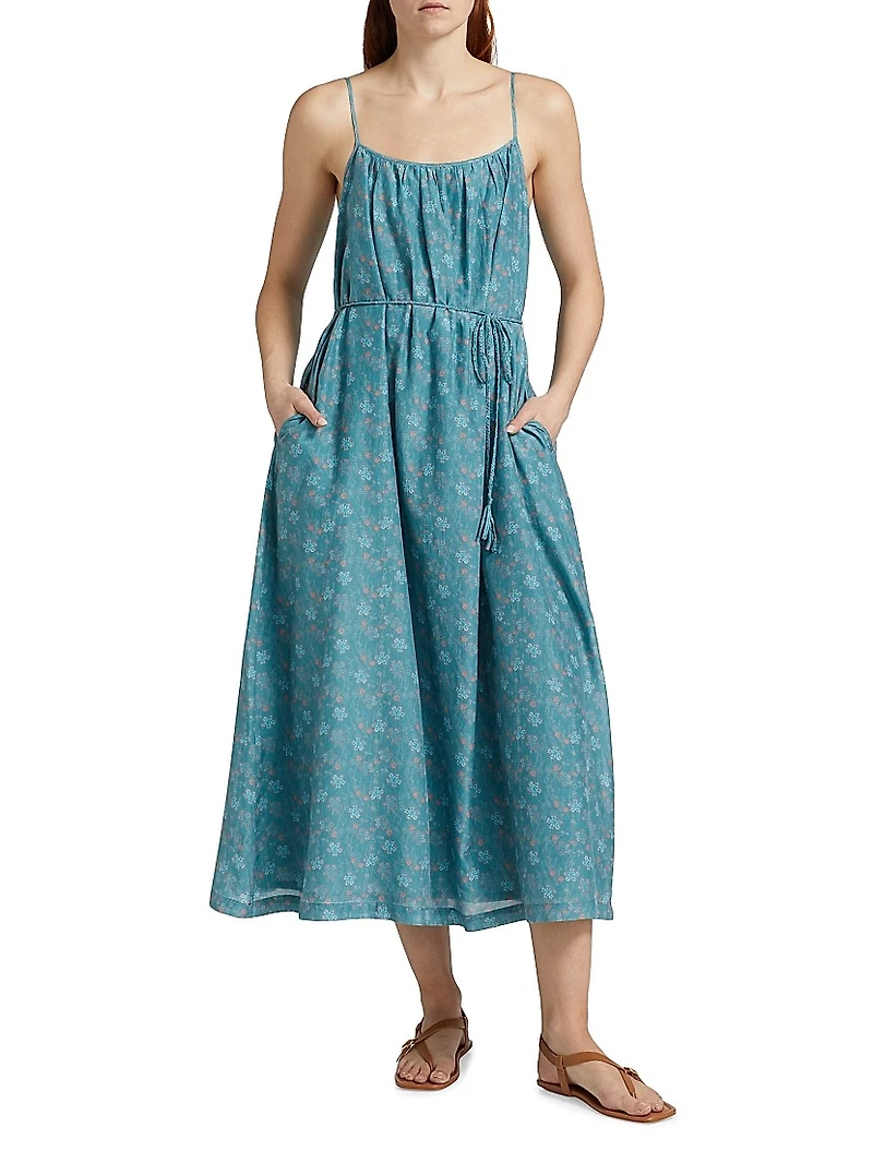 Vanna Floral Cotton & Silk Tie-Waist Midi-Dress