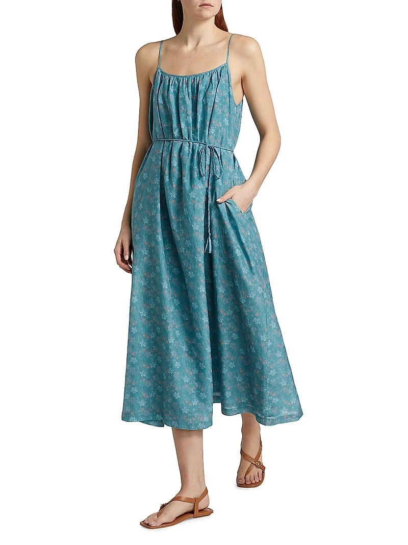 Vanna Floral Cotton & Silk Tie-Waist Midi-Dress