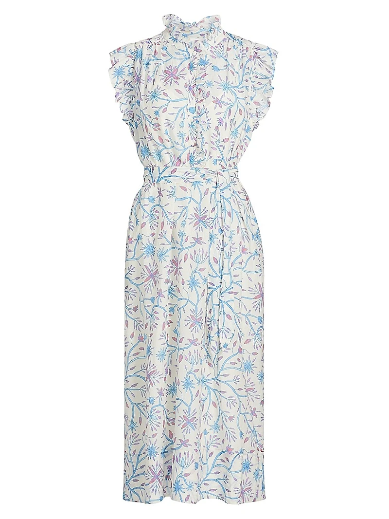 April Floral Cotton & Silk Tie-Waist Midi-Dress