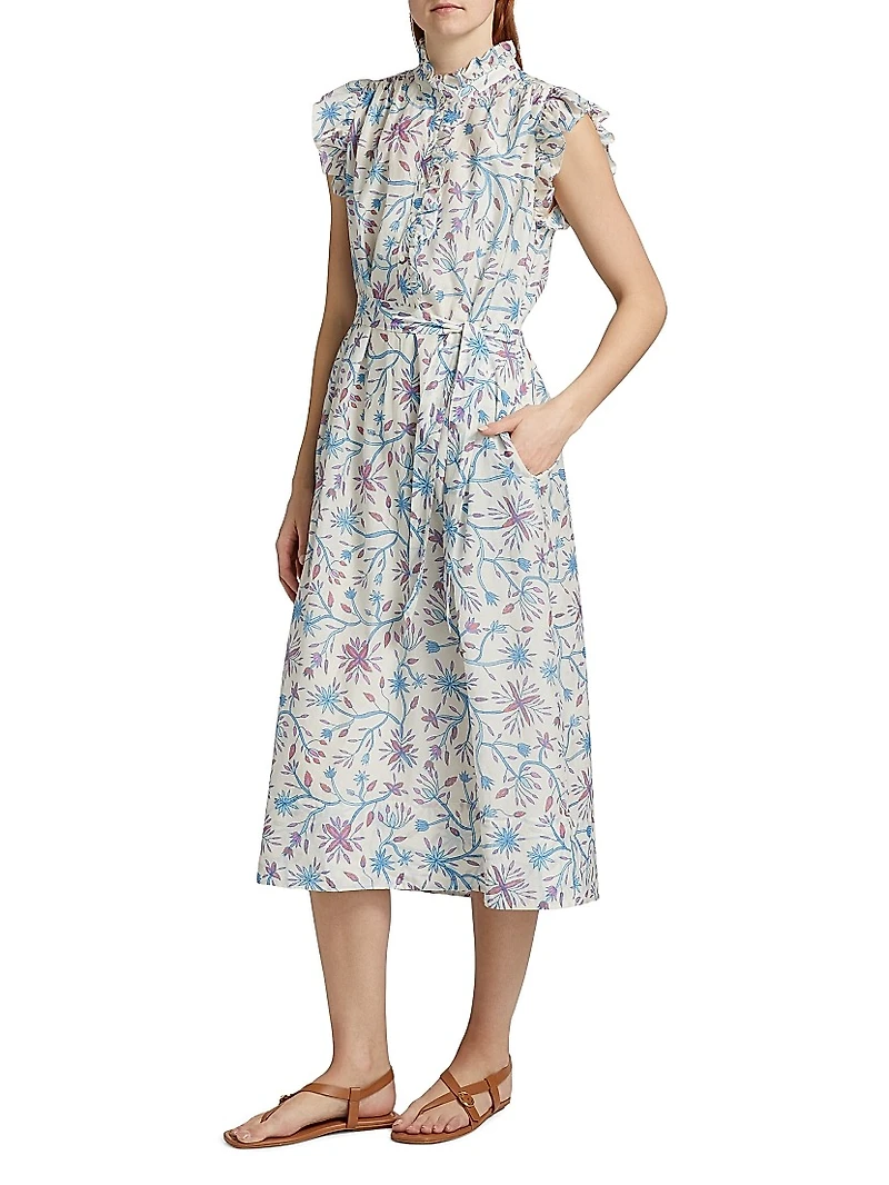 April Floral Cotton & Silk Tie-Waist Midi-Dress
