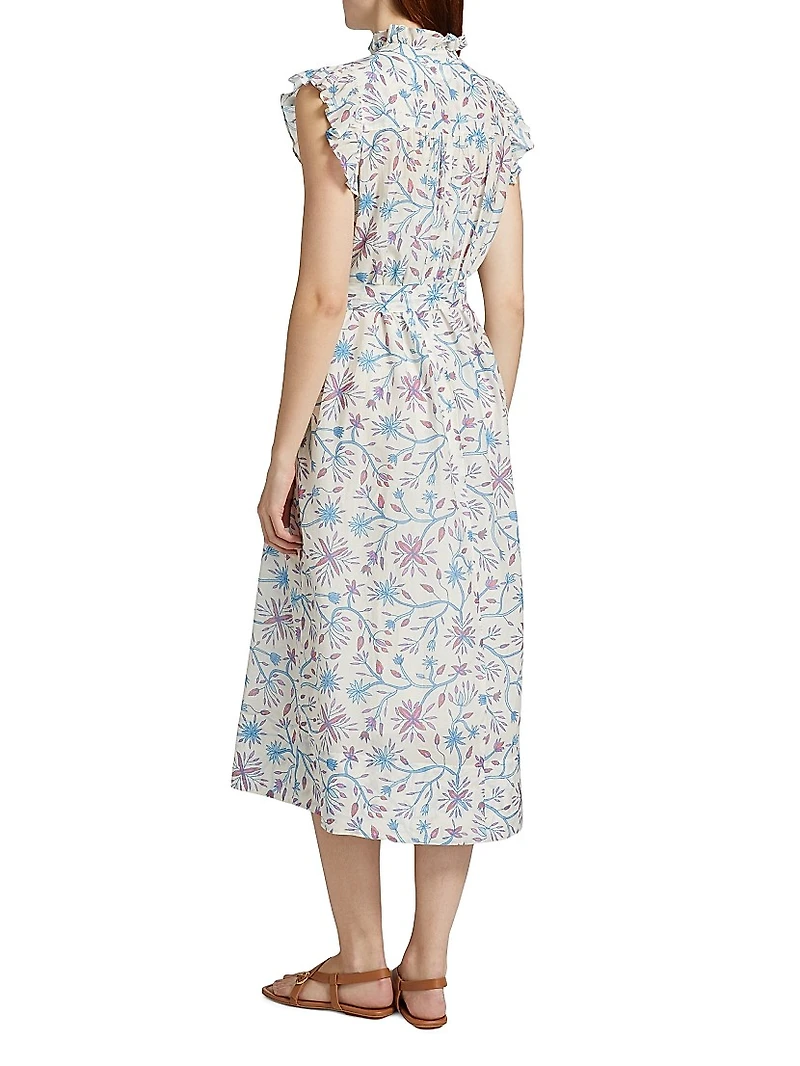 April Floral Cotton & Silk Tie-Waist Midi-Dress