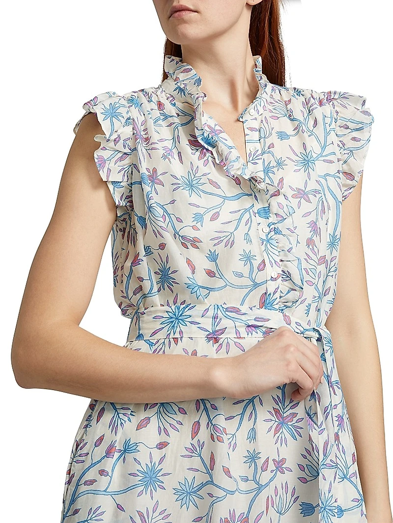 April Floral Cotton & Silk Tie-Waist Midi-Dress