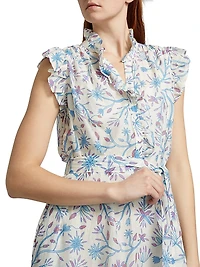 April Floral Cotton & Silk Tie-Waist Midi-Dress