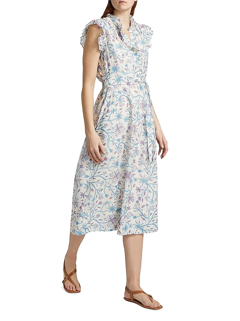 April Floral Cotton & Silk Tie-Waist Midi-Dress