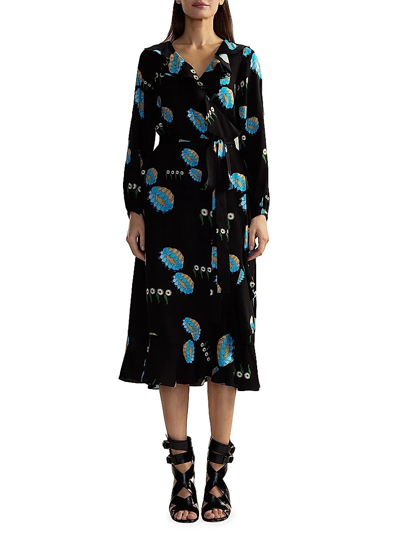 Belted Floral Ruffle-Trim Wrap Midi-Dress