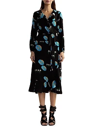 Belted Floral Ruffle-Trim Wrap Midi-Dress