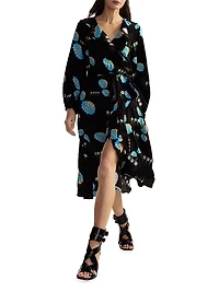 Belted Floral Ruffle-Trim Wrap Midi-Dress