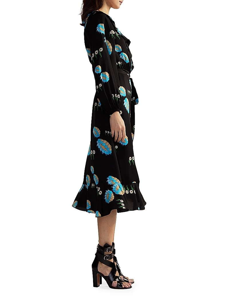 Belted Floral Ruffle-Trim Wrap Midi-Dress