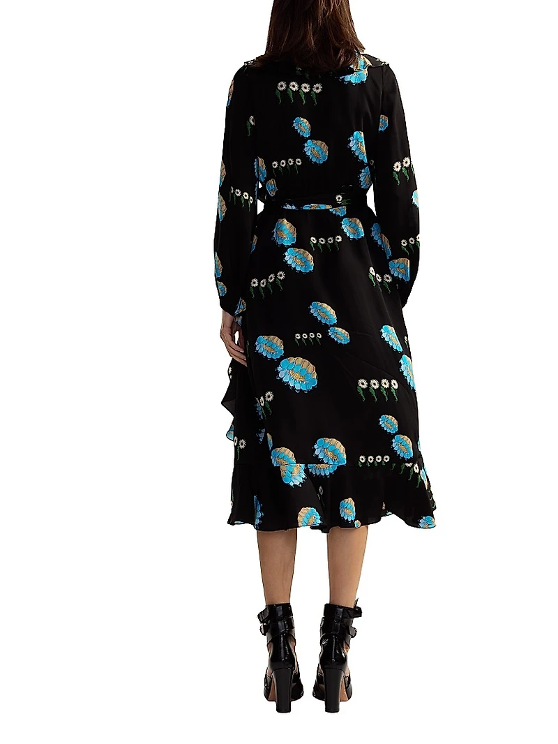 Belted Floral Ruffle-Trim Wrap Midi-Dress