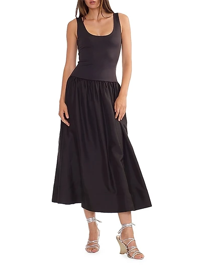 Mixed Media Dropwaist A-Line Midi-Dress