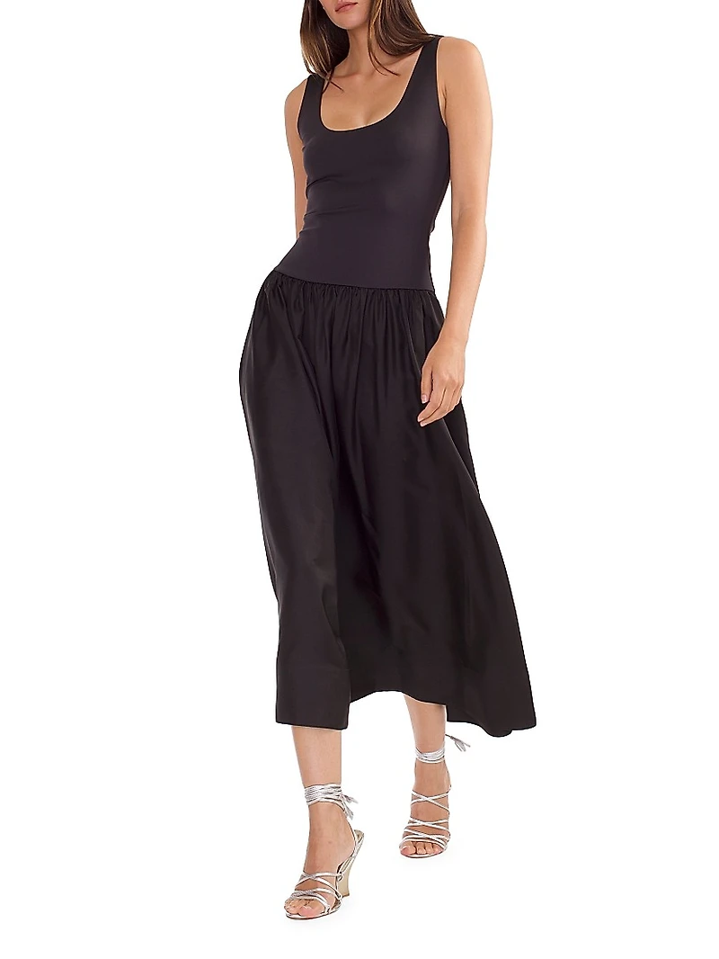 Mixed Media Dropwaist A-Line Midi-Dress